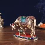 9" Handcrafted Brass Kamdhenu Cow with Calf Statue - Divine Symbol of Fertility, Abundance & Prosperity